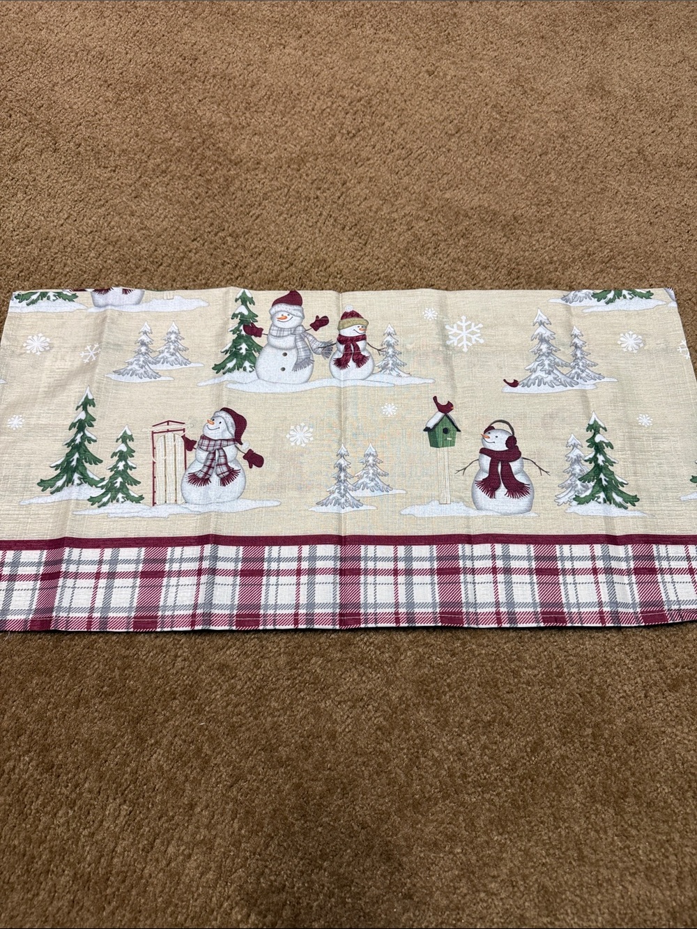 Cream Snowman Holiday Valance Window Curtain with Red Plaid Trim
